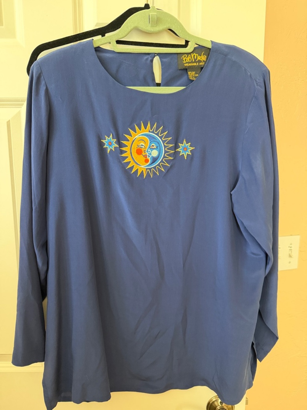 Bob Mackie Blue Sun Moon and Stars Embroidered Long-Sleeve Tunic women’s size L